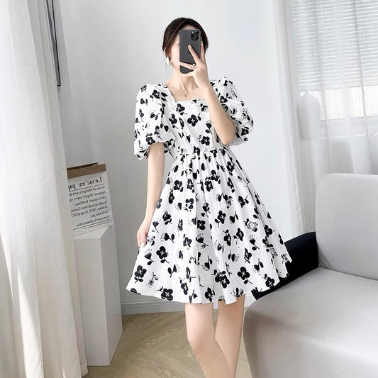 2022 new women's summer waist mid-length dress women's puff sleeves square collar A-line high waist floral skirt