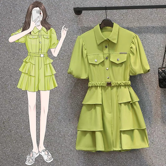 2022 large size women's summer new fashionable age-reducing waist slimming all-match dress French small fragrance skirt 839
