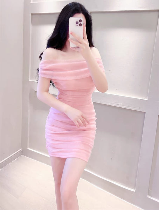 Pink one-shoulder net red slim-fit leak-shoulder dress