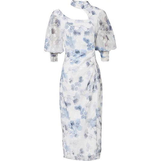 2022 new summer dress women's temperament off-the-shoulder slim mid-length dress printing halter neck slim long skirt