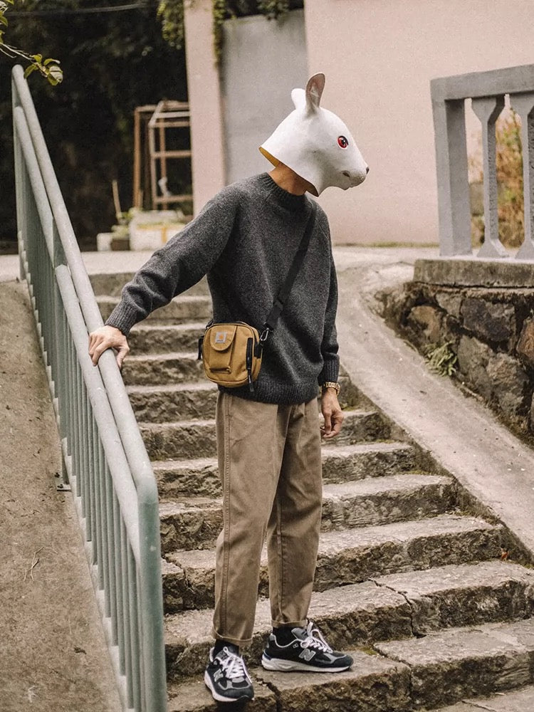 Rabbit Xiansen Spring and Autumn Solid Color Round Neck Sweater Men's Loose Japanese Trendy Retro All-Match Casual Long-sleeved Knitwear