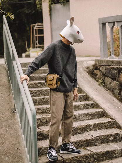 Rabbit Xiansen Spring and Autumn Solid Color Round Neck Sweater Men's Loose Japanese Trendy Retro All-Match Casual Long-sleeved Knitwear