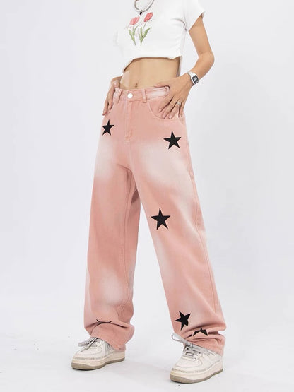 YOUNG K American retro star jeans pink distressed washed street style loose straight casual trousers