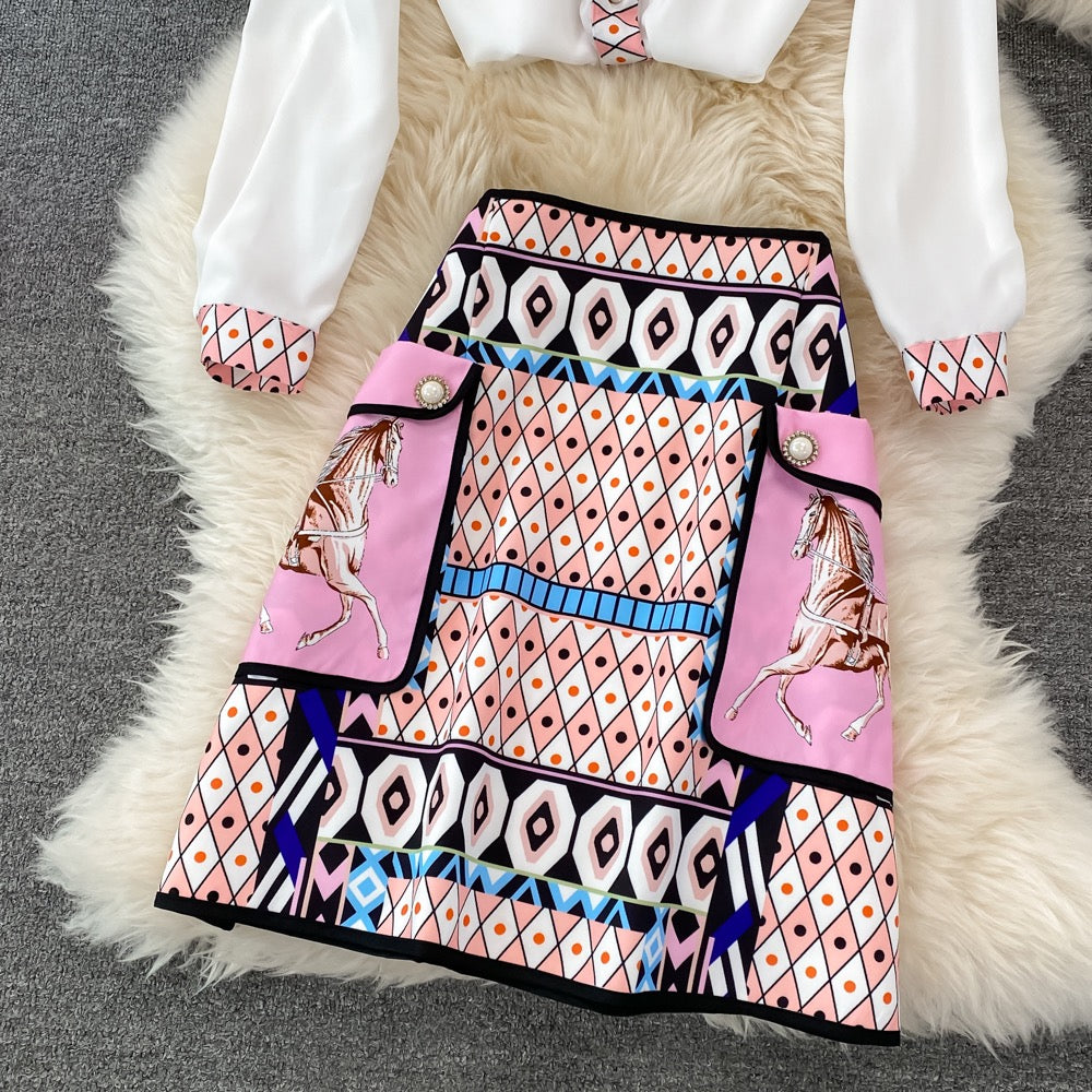 Fashion suit female celebrity temperament positioning printing loose long-sleeved shirt two-piece high waist skirt short skirt spring