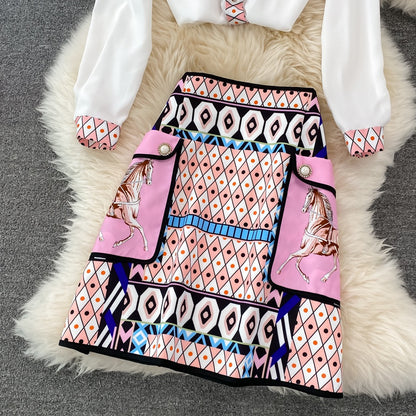 Fashion suit female celebrity temperament positioning printing loose long-sleeved shirt two-piece high waist skirt short skirt spring