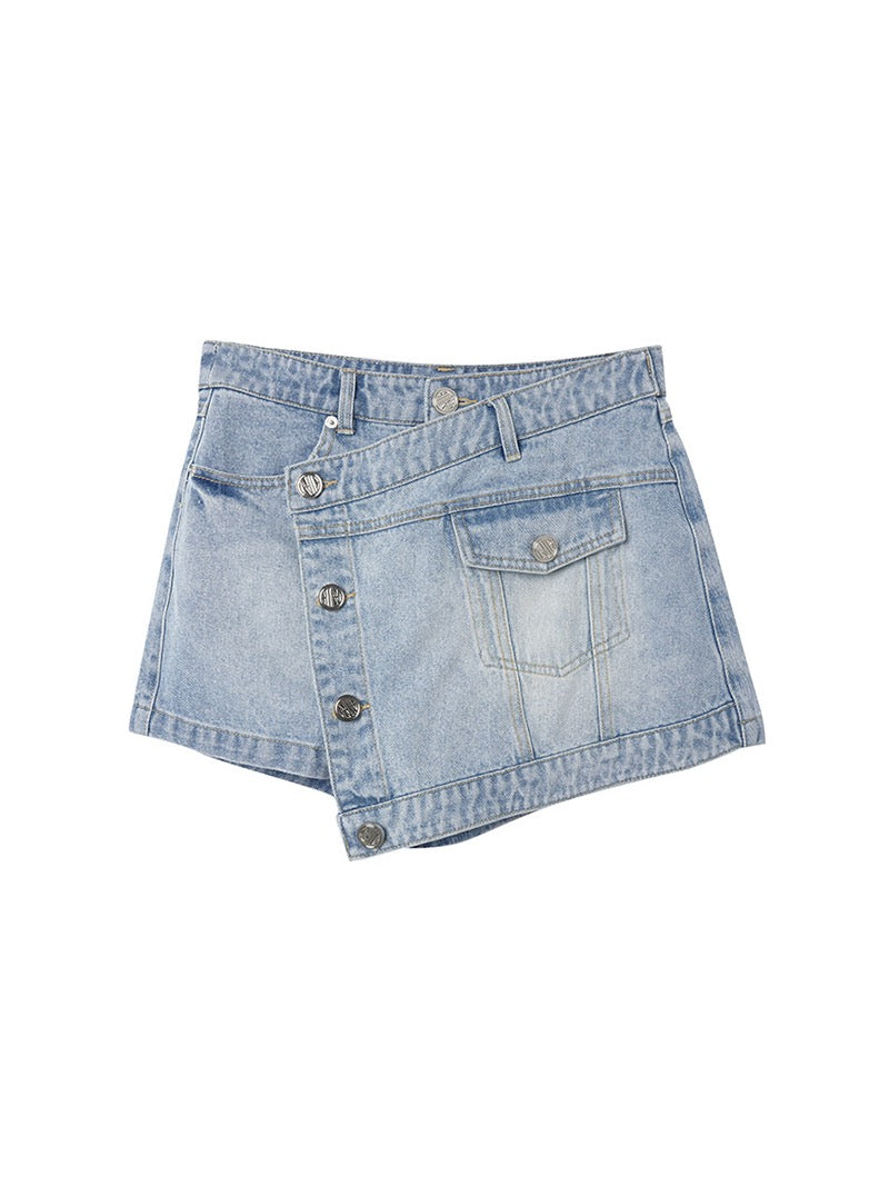 Qiaoqiao qiaoqiao "Long-legged mvp" spring design with old-fashioned splicing hot girl denim short skirt