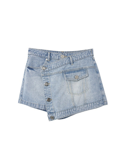 Qiaoqiao qiaoqiao "Long-legged mvp" spring design with old-fashioned splicing hot girl denim short skirt
