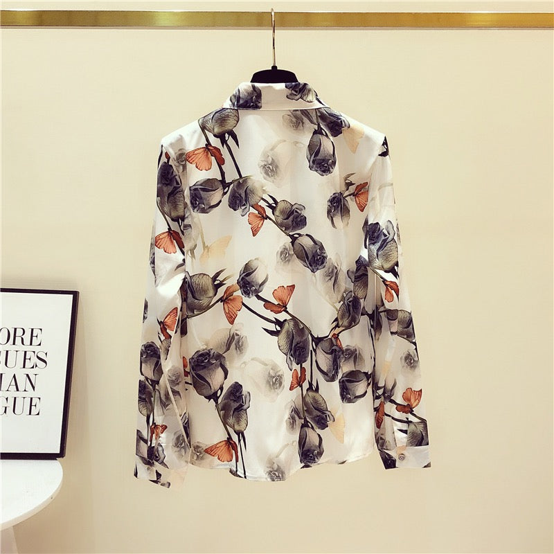 Floral chiffon ladies shirt women 2022 early autumn new bottoming long –  Lee Nhi Boutique