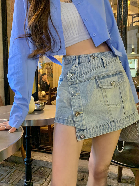 Qiaoqiao qiaoqiao "Long-legged mvp" spring design with old-fashioned splicing hot girl denim short skirt
