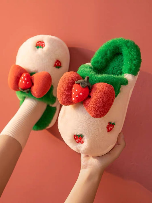 Cute cotton slippers female autumn and winter princess bow indoor home thick bottom step shit feeling plush warm household slippers