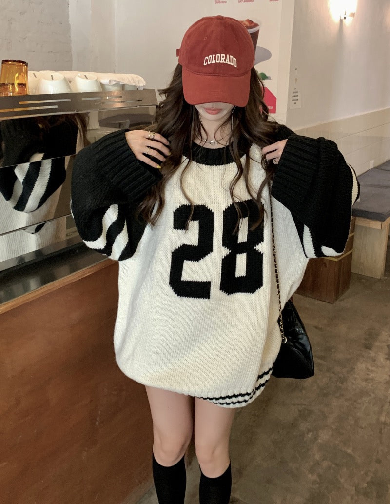 kumikumi loose all-match lazy wind sweater women 2022 autumn new contrast color round neck pullover knitted top