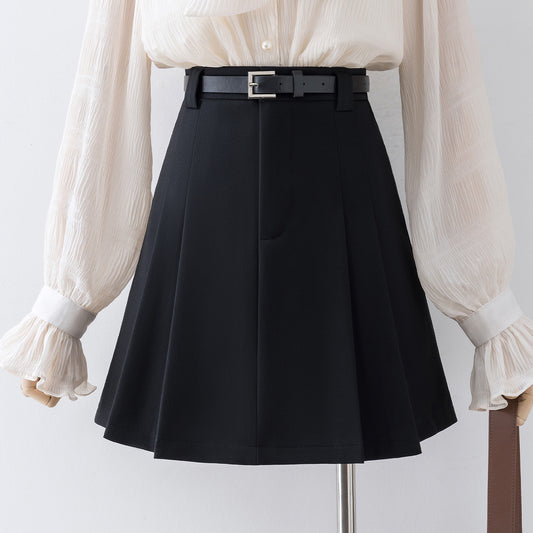 Black skirt autumn and winter small man 2022 new pleated skirt high waist a-line bag hip skirt female spring and autumn skirt