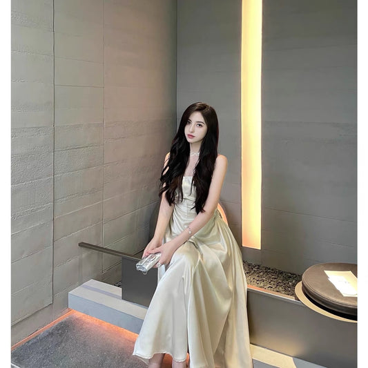 For Fay French Backless U-Neck Dress Women's Summer Gentle Large Swing Design Long Waist Sling Dress