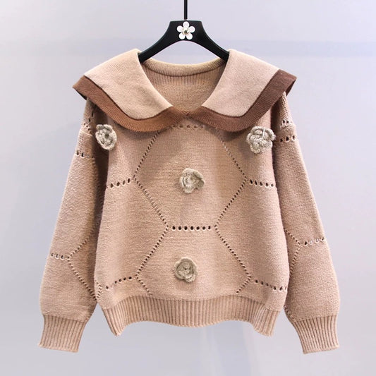 Japanese doll collar three-dimensional flower sweater women's autumn and winter 2022 new loose college style design knitted top