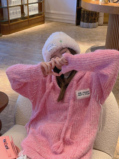 Thebestxue Korean version of fashionable design sense pink hooded drawstring pullover sweater women 2022 autumn and winter new trend