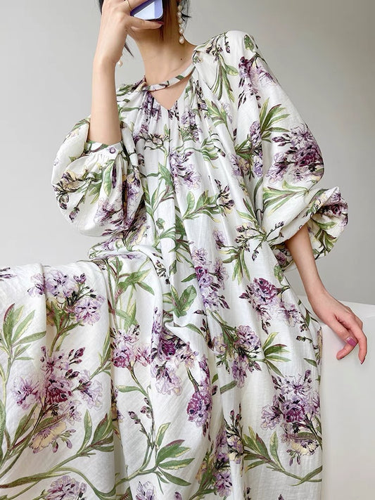 Aconiconi｜The Flowers of Japanese Style Lazy French Print Small Design Loose Long Dress Xia Xin
