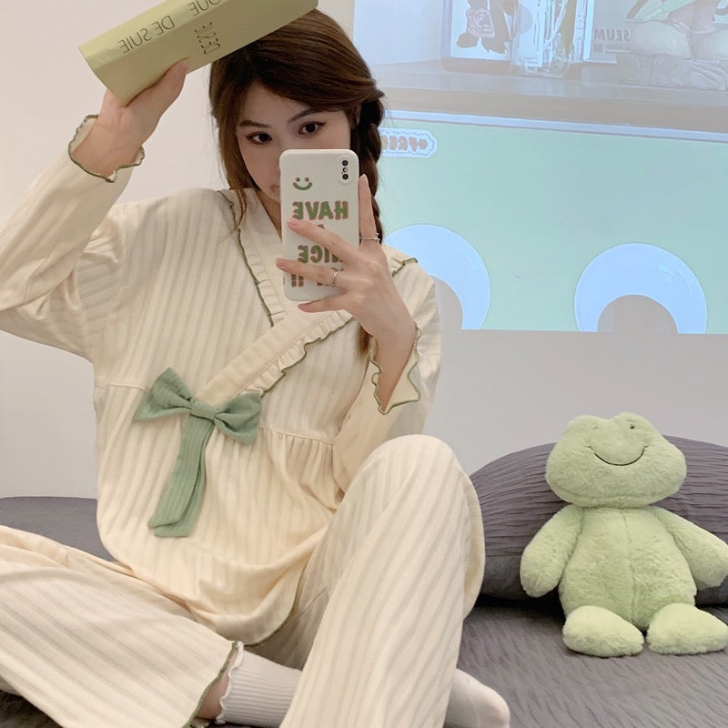 Women's pajamas spring and autumn long-sleeved cotton 2022 new bow tie can be worn outside home service summer casual suit