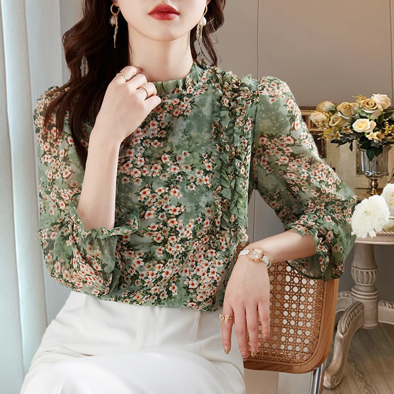 Summer floral chiffon shirt women 2023 spring and summer new beautiful small shirt women's high-end western style high-end tops