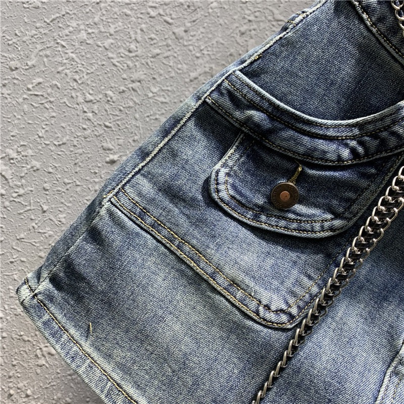 Tide brand 2023 spring new retro nostalgic blue denim bag hip skirt sexy high waist elastic a-line skirt