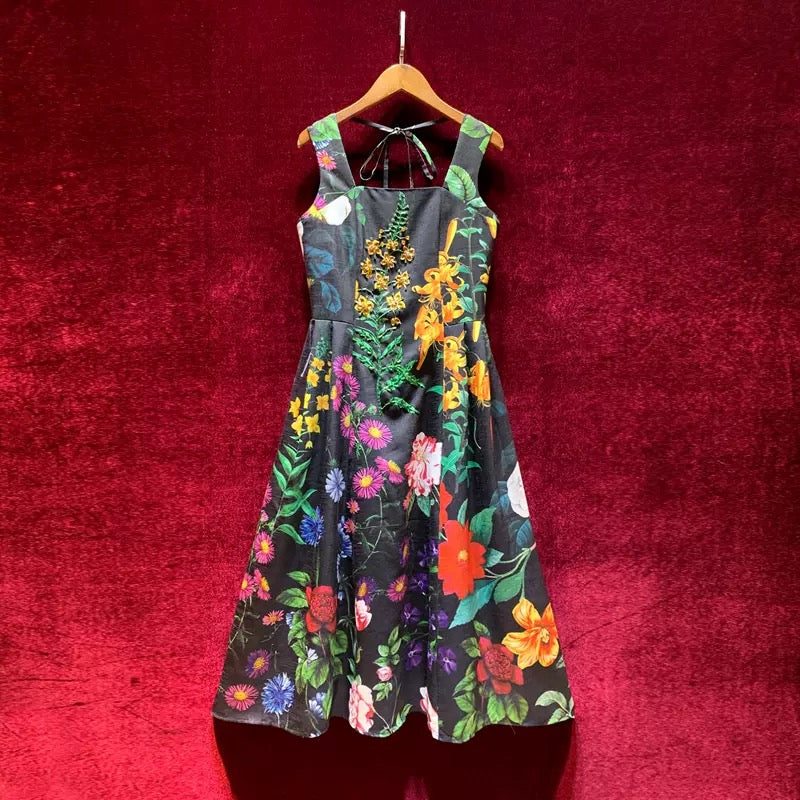 French retro print niche design high waist sling dress summer texture advanced 2022 new style