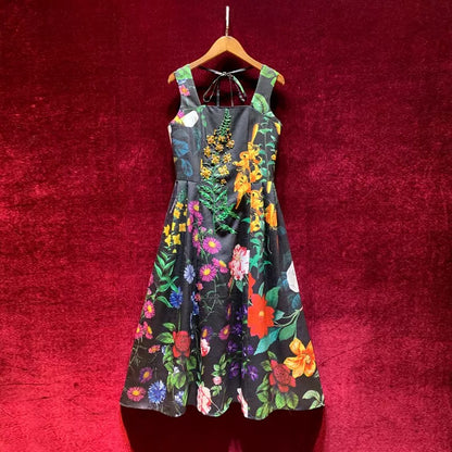 French retro print niche design high waist sling dress summer texture advanced 2022 new style