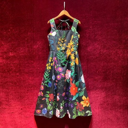 French retro print niche design high waist sling dress summer texture advanced 2022 new style