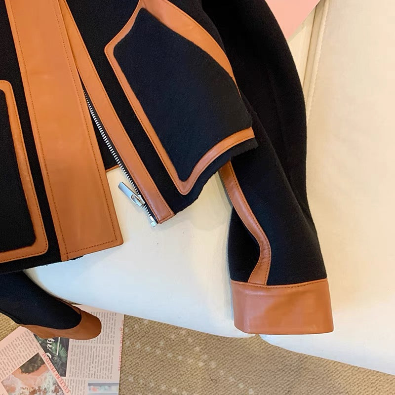 Xiaoxiangfeng contrast color woolen stitching leather jacket women's 2022 autumn and winter new Hong Kong style retro design jacket