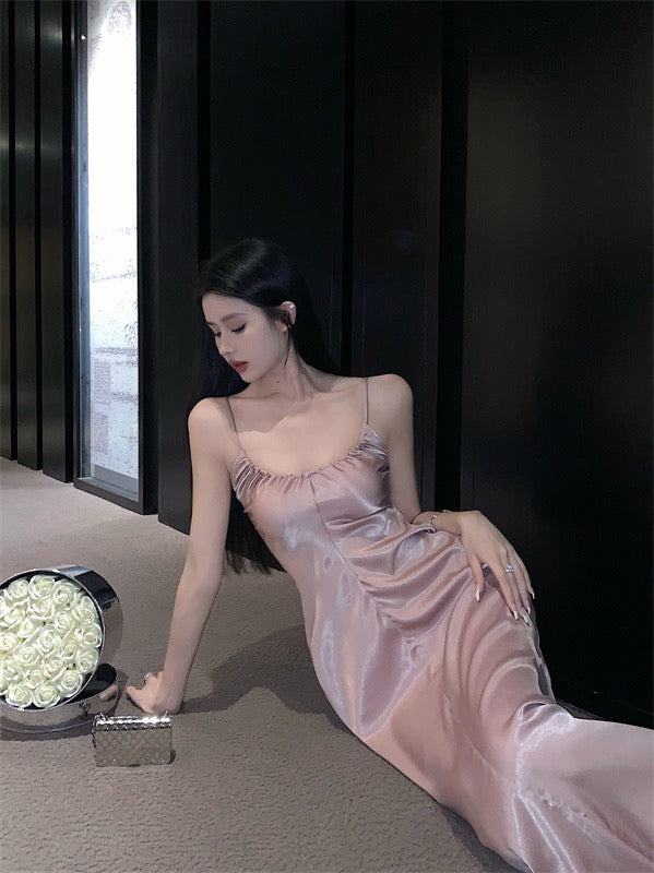 Sweet hot girl suspender dress female spring French pink sexy waist slimming thin a-line mid-length skirt