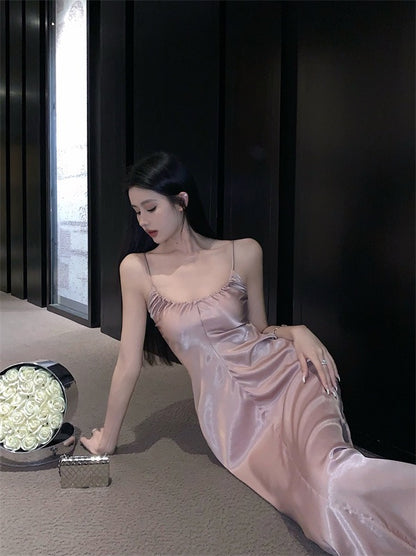 Sweet hot girl suspender dress female spring French pink sexy waist slimming thin a-line mid-length skirt