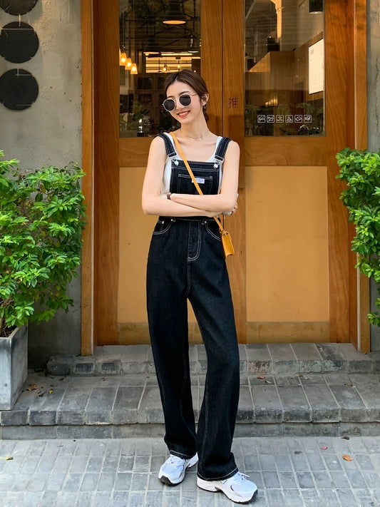 MULVAN black denim overalls women's 2022 spring and summer new high-waisted slimming age-reducing loose jumpsuit trousers