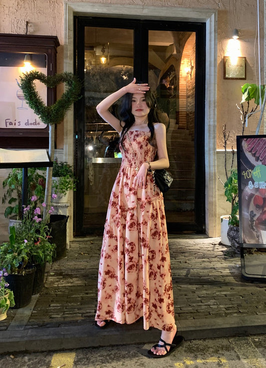 kumikumi retro rose print sling dress female summer vacation style wood ear side waist mid-length skirt