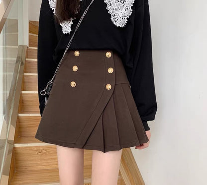 Large size irregular pleated skirt short skirt women's crotch cover carefully machine design sense niche double-breasted pleated skirt