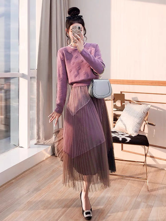 Sweater two-piece autumn and winter women's clothing 2022 new autumn clothing ladies knitted tops mesh skirts women's autumn suits
