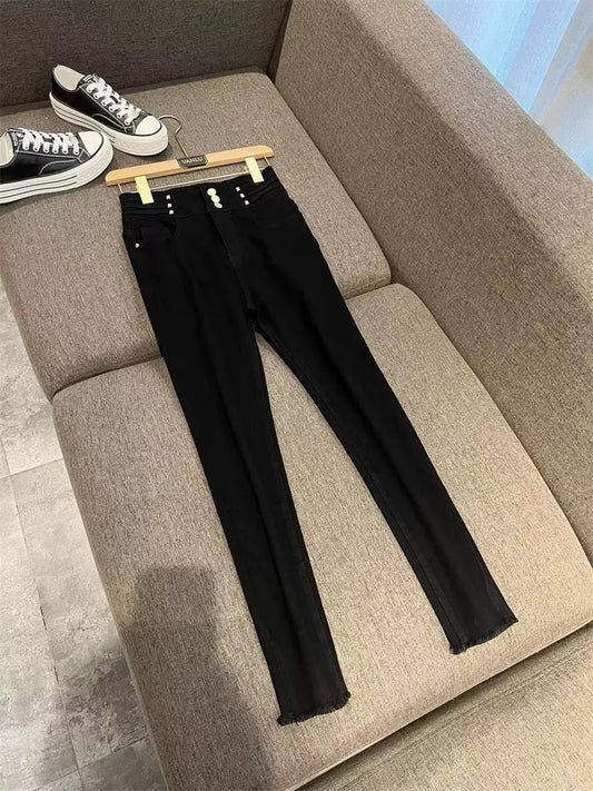 VANLU must buy when entering the store!  Classic slim pants king ~ retro high-waisted white frayed slim-fit nine-point jeans 1728