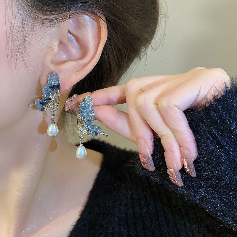 Super Fairy Butterfly Wings Pearl Earrings Women's Trendy Autumn and Winter Niche Design High-end Earrings Light Luxury Temperament Ear Jewelry