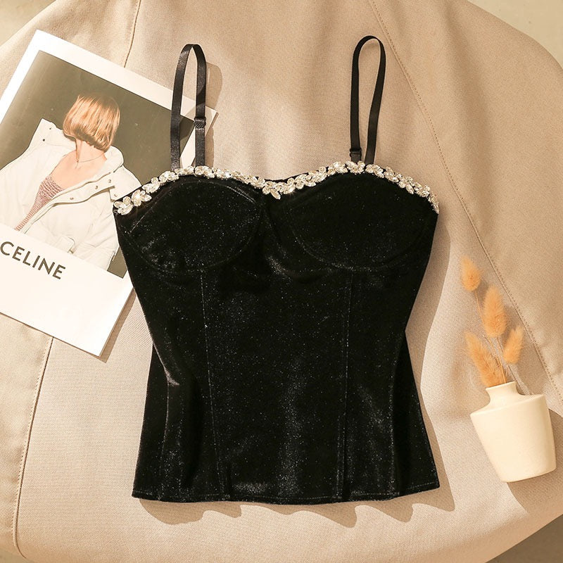 Black Velvet Camisole Women's Suit With Beads Inner Sexy Slim Thin Belt Breast Pad Bottom Tube Top