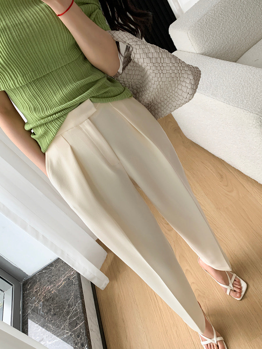 FT GUOGE beige wide-leg pants women's 2023 spring and autumn new high-waisted straight loose all-match nine-point casual pants