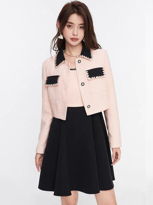 Fantu light luxury color contrast short coat + A-line suspender skirt suit 2022 autumn new style woolen women's clothing that covers the flesh and shows thinness