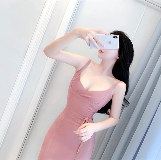 Bean Paste Powder Sling V-Neck Bandage Sling Slim Dress