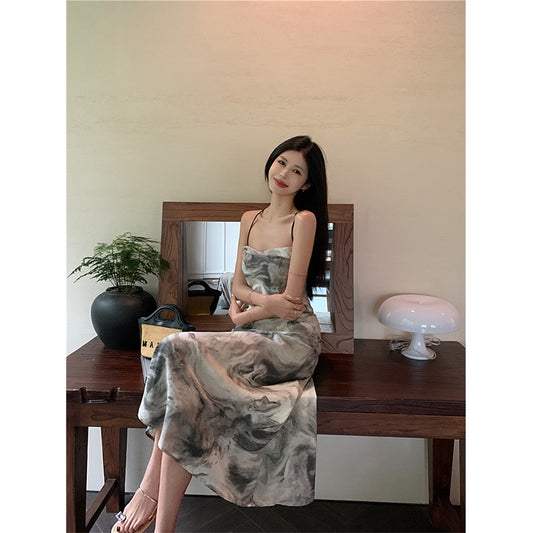 Retro ink flower sling dress female summer design sense niche open back a-line long skirt hot girl mermaid skirt