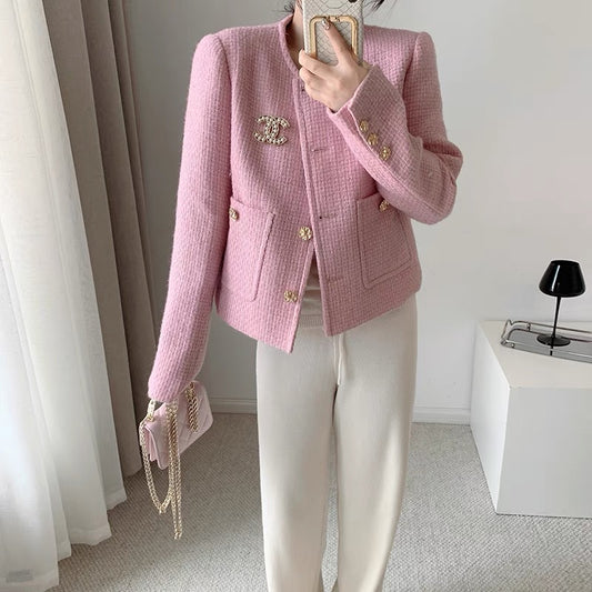 CHICROOM pink small fragrance coat women's spring and autumn temperament ladies loose wool short small top