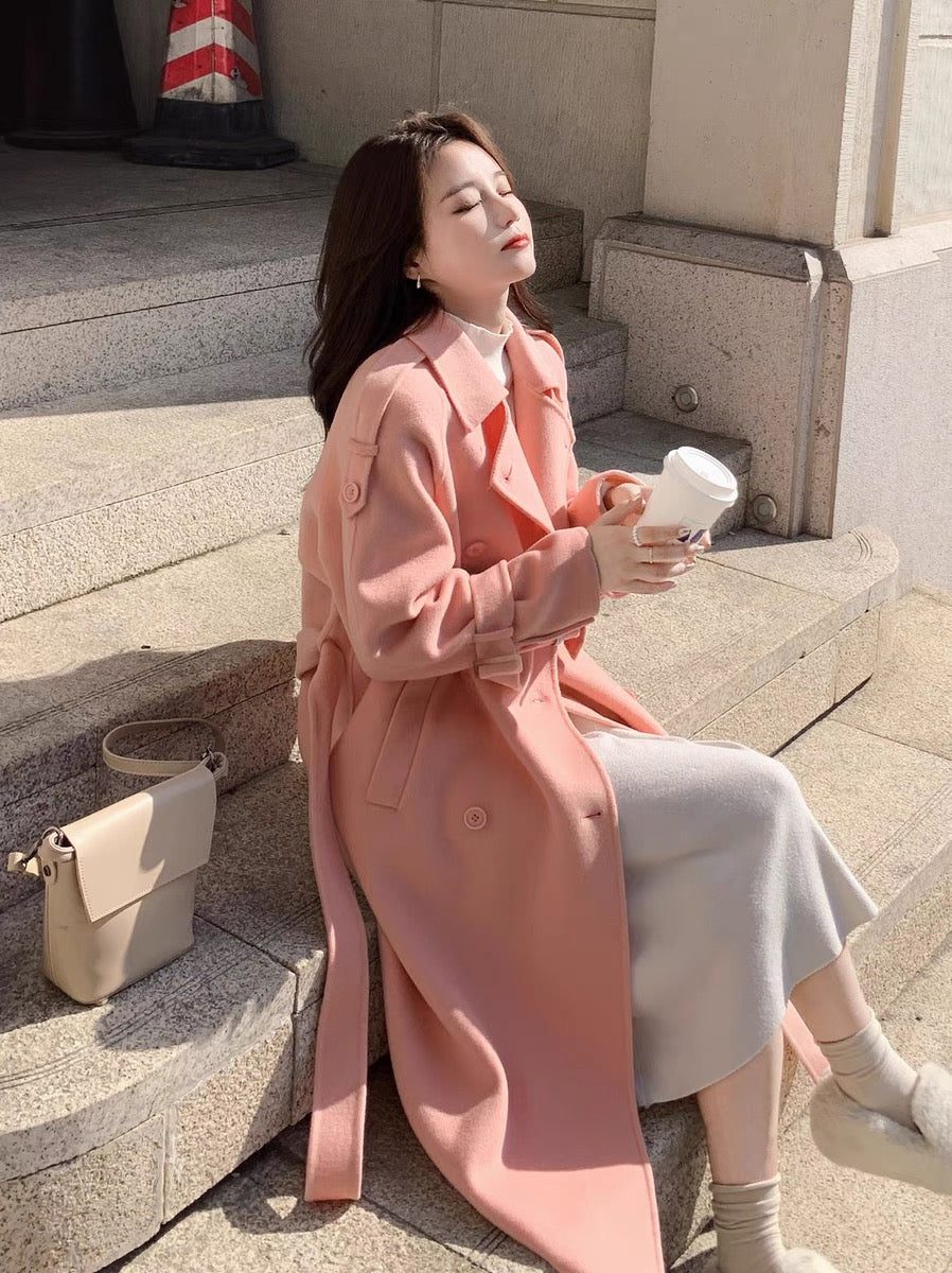 Pink woolen coat women's winter mid-length 2022 new small high-end fashion woolen coat