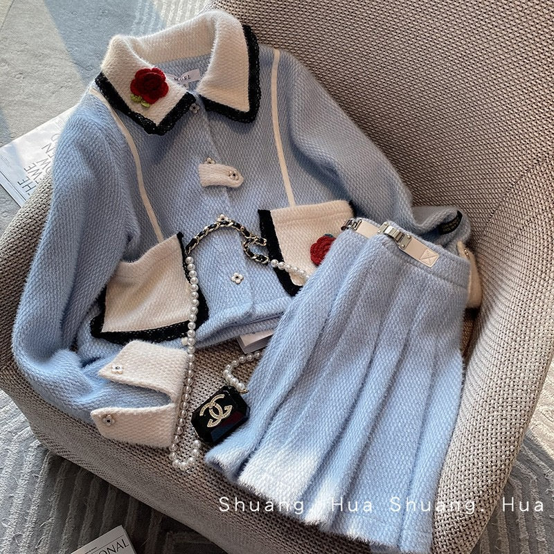 High-end temperament blue small fragrance suit autumn and winter women's 2022 new high-end pleated skirt two-piece suit