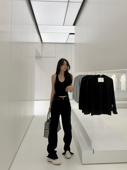 Doudoujiang chic [handsome ex-boyfriend] straight jeans women's autumn and winter new loose retro slit pants tide
