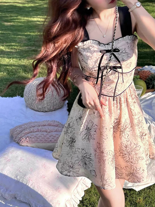Q girl's sunset coral/romantic retro suspender skirt summer high-end floral design dress is cold