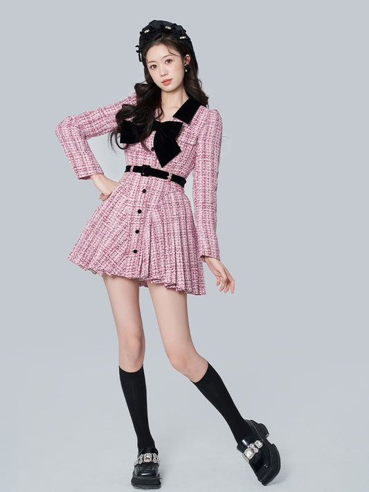 Salt can be sweet bowknot velvet dress women's autumn and winter temperament skirt pink small fragrant wind irregular skirt