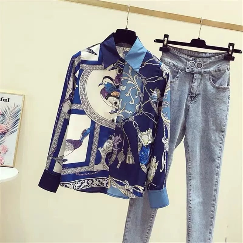 Women's clothing cutting label counters withdrawn foreign trade spring and autumn retro western style printing contrast color long-sleeved shirt tops