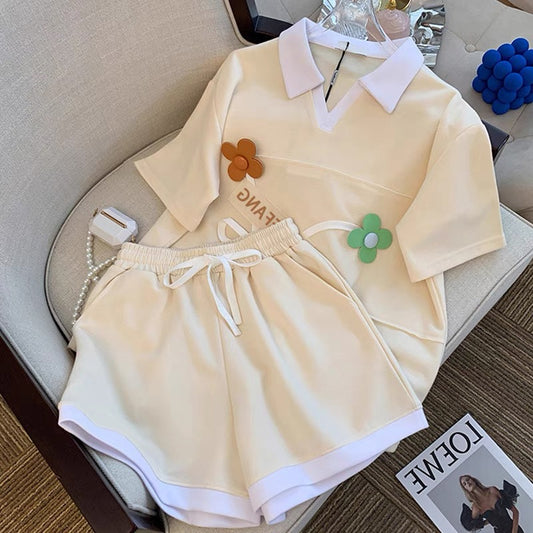 Counter Clearance ~ Design sense contrast color polo collar T-shirt fashion suit women's summer Western style short-sleeved shorts two-piece set