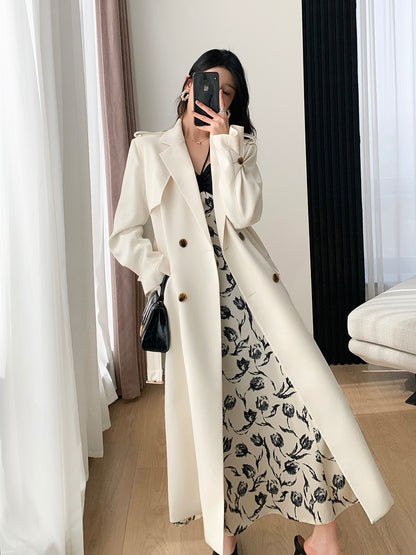 FT GUOGE beige windbreaker women's 2023 spring new double-breasted temperament mid-length drape coat jacket