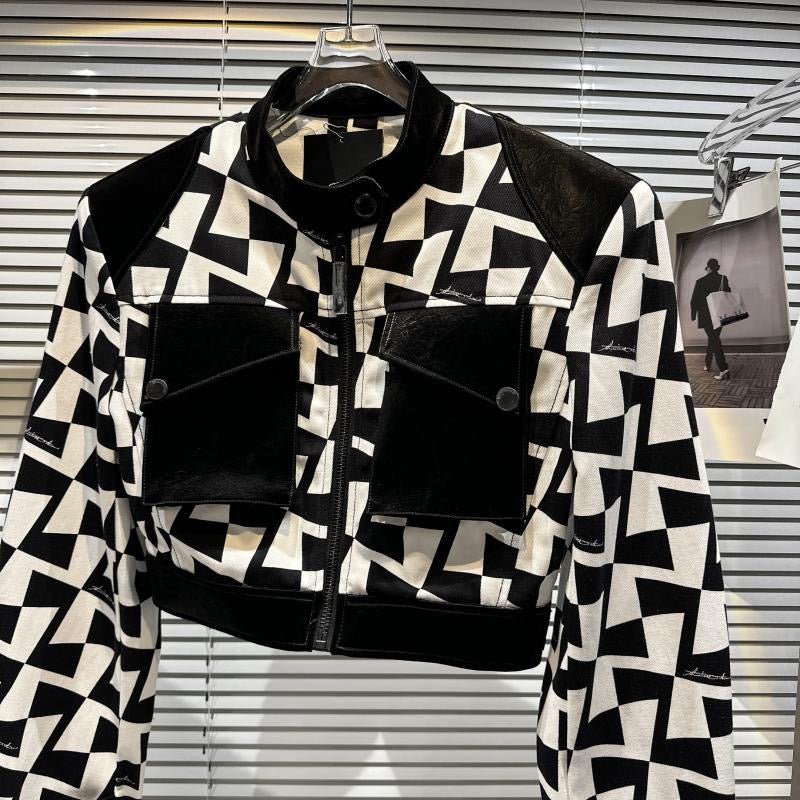 Net red same style 2023 spring new fried street hot girl black and white checkered shoulder pads and leather stand collar jacket short coat top